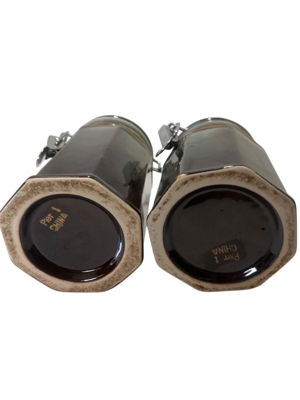 Pier 1 Six Inch Ceramic Hexagonal Canister with Latch Lid in Brown & Green Glaze